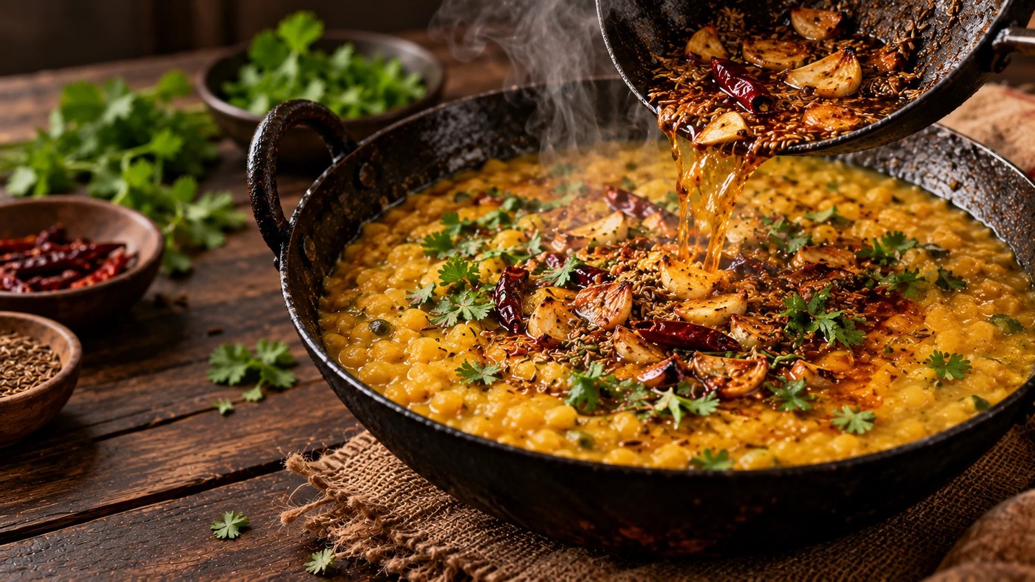 Daal karahi finished with a garlic tarka