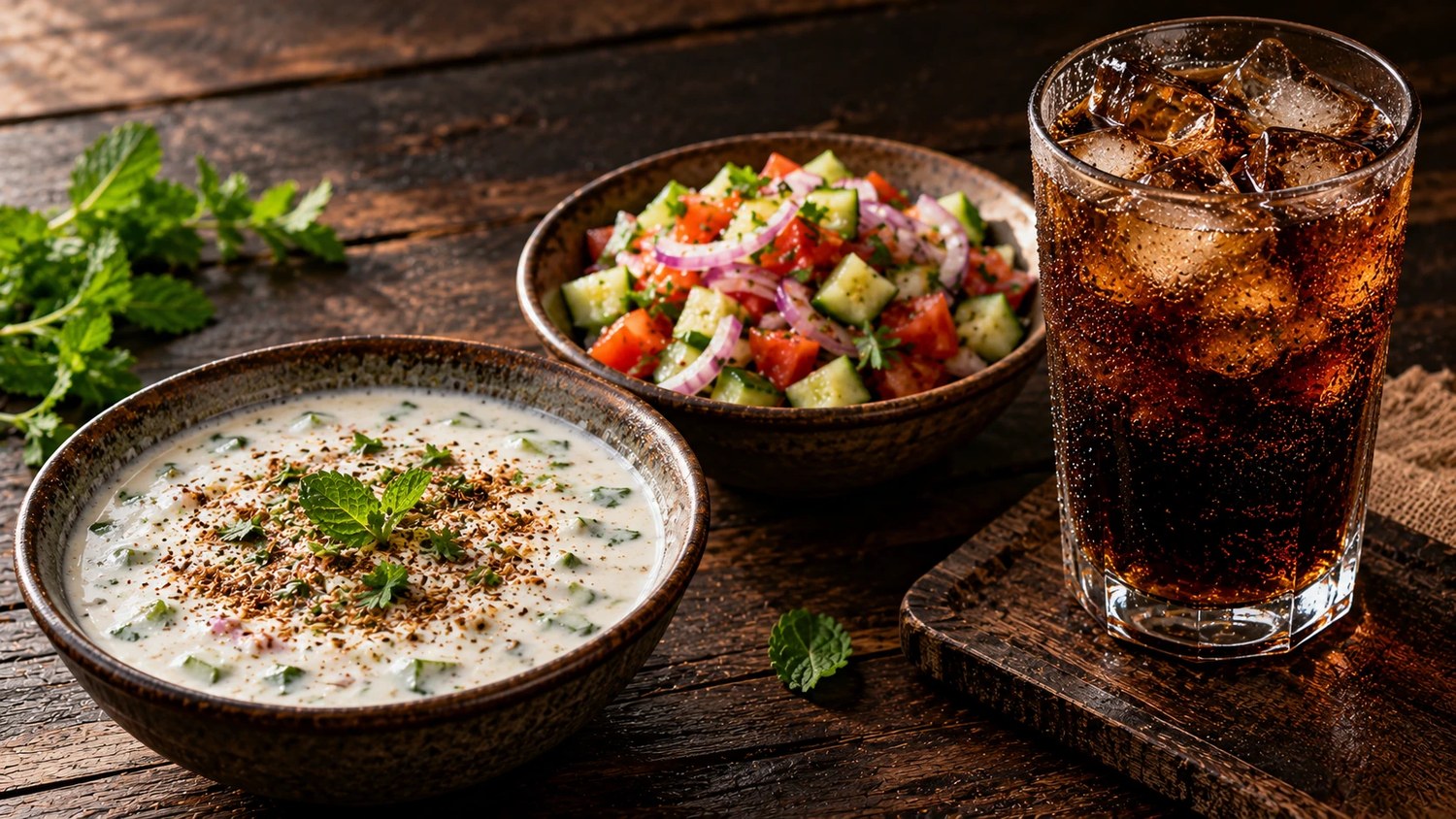 Raita, salad and a cold drink